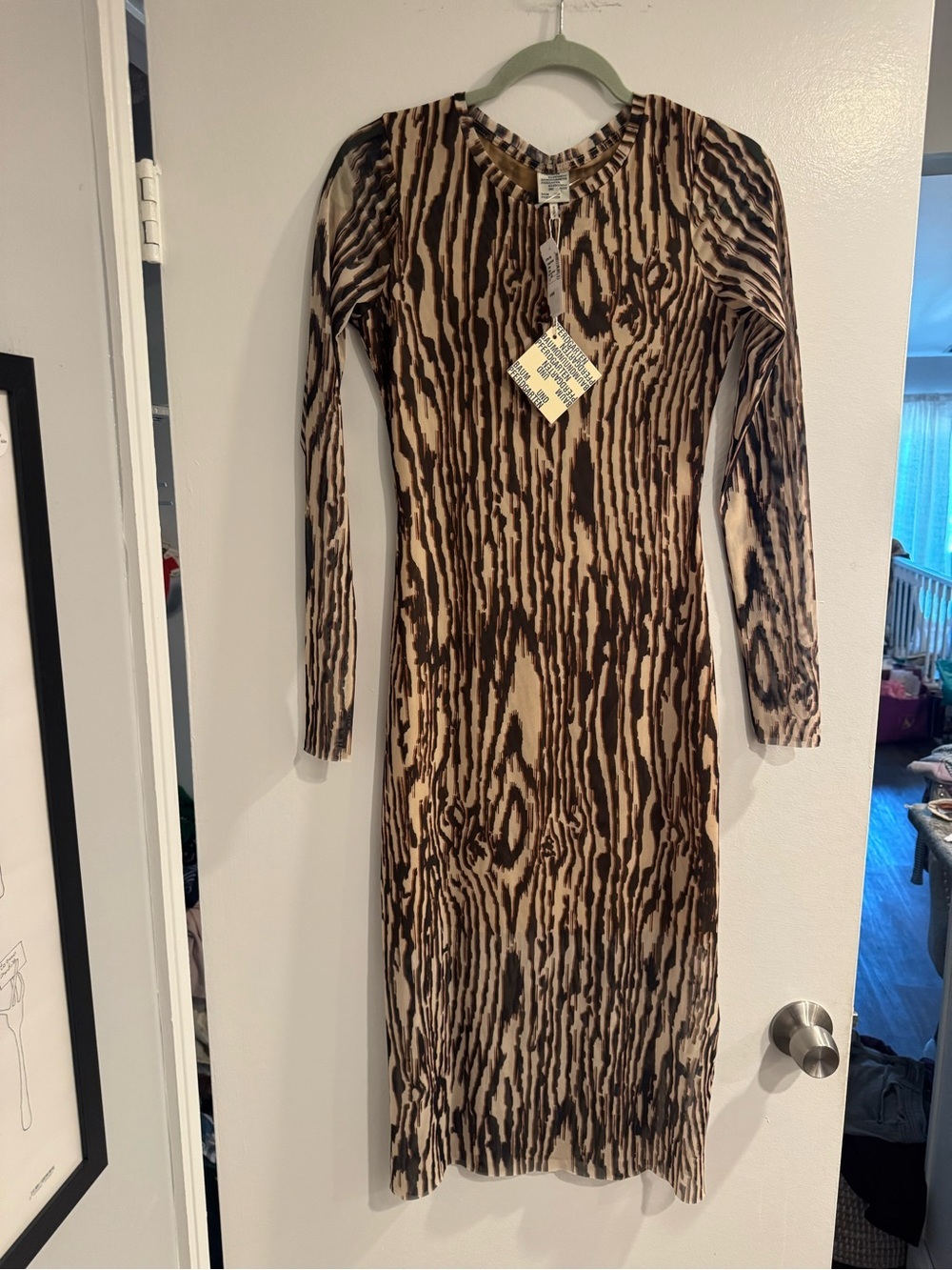 NWT Sheer Baum Und Pferdgarten Brown Animal-Print Long Sleeve Midi Dress